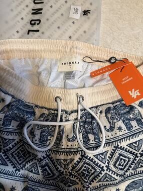 YoungLA Men's Board Shorts L Blue/White Elephant Geometric Drawstring